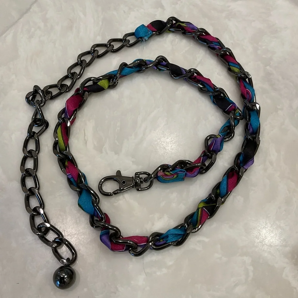 Heavy chain belt with colorful pucci style fabric intertwined, silver, black